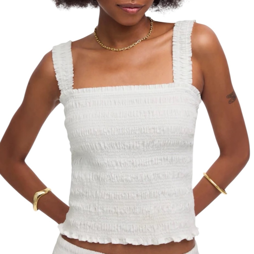 Madewell Poplin Crop Smocked Tank in White - Picture 2 of 8